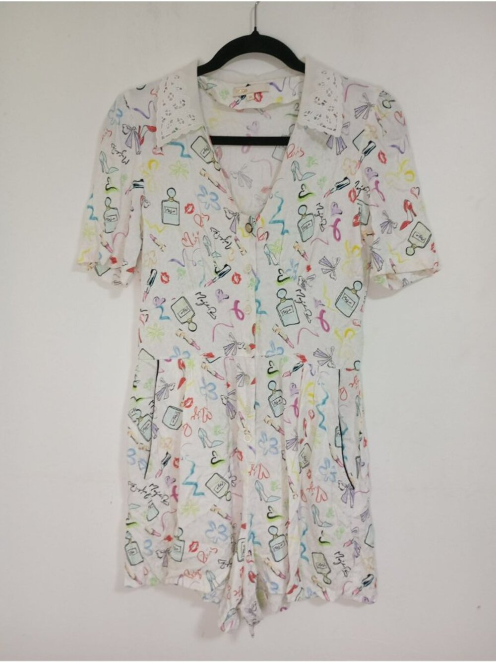 Maje Multicolor Printed Playsuit Lace Collar & Short Sleeves 100% Viscose 36 (S) - Picture 2 of 16